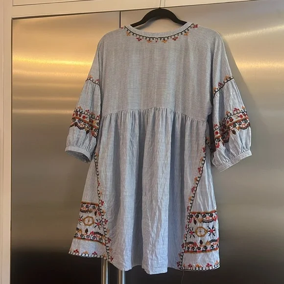 Zara Boho Mini Dress Blue and White Striped Embroidered size Small - Picture 7 of 12